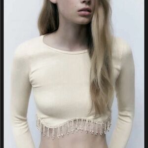 NEW Zara Cream Long Sleeve Crop Top with Rhinestone